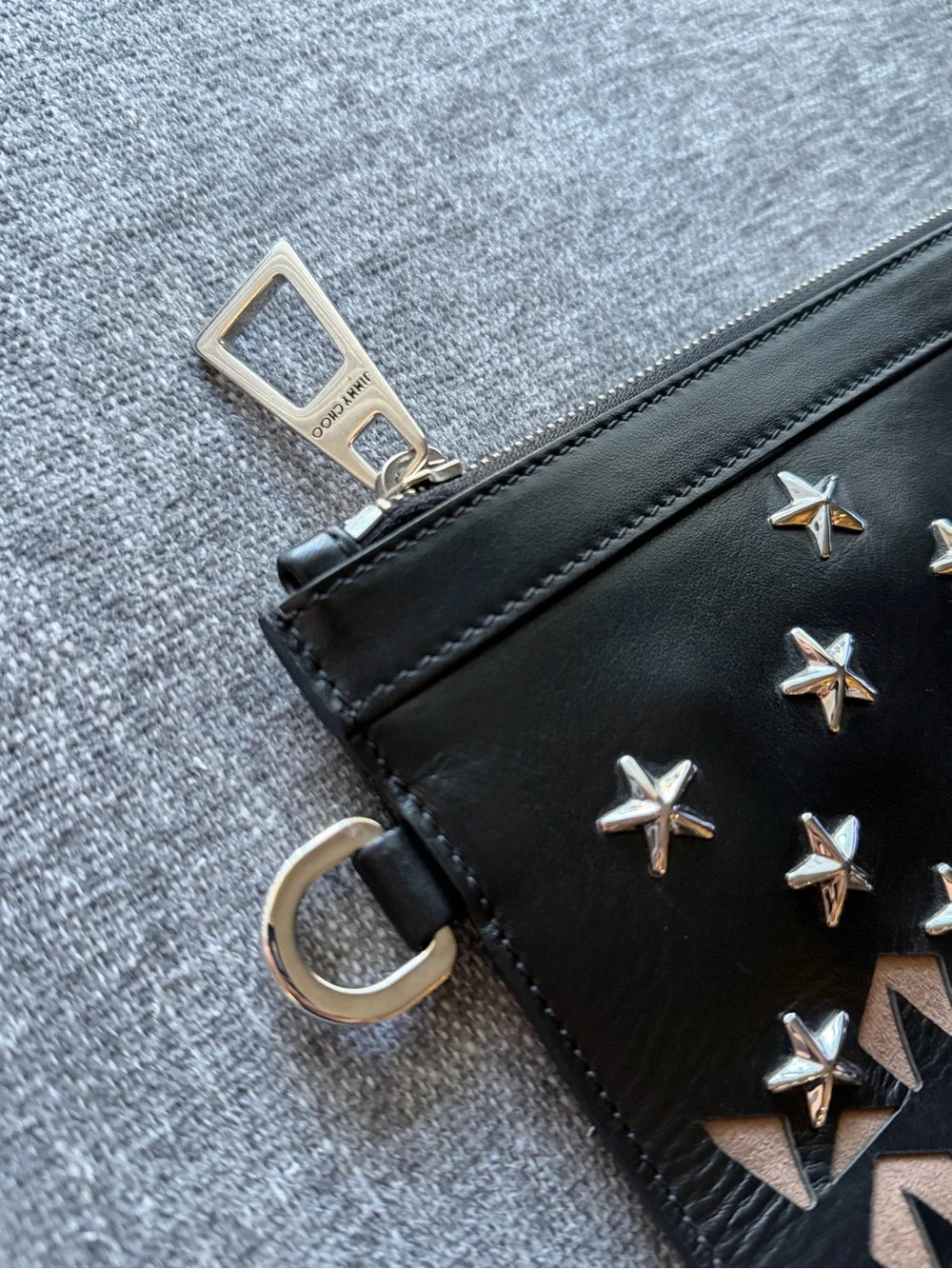 Jimmy Choo Black Leather Star-Embellished Clutch with Tan Inset